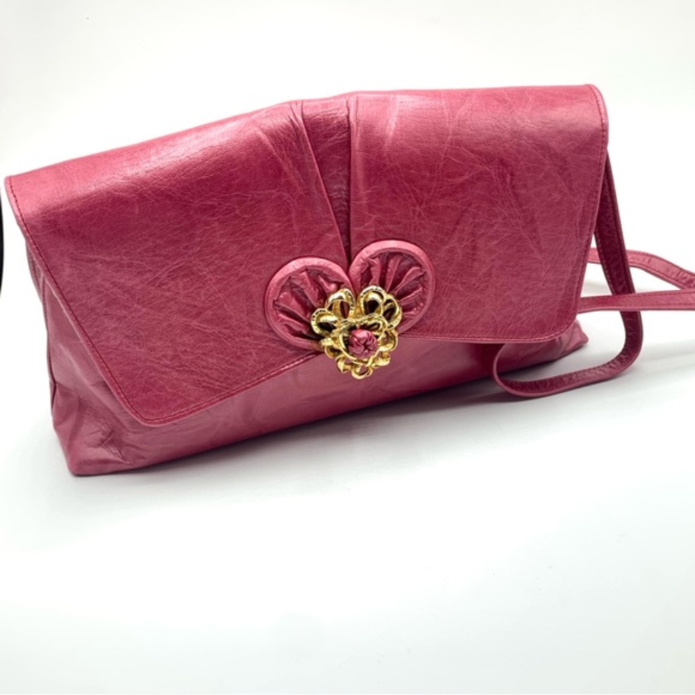 Vintage Adrienne Dark Pink Leather Clutch Crossbody Bag Gold Heart Detail Spain